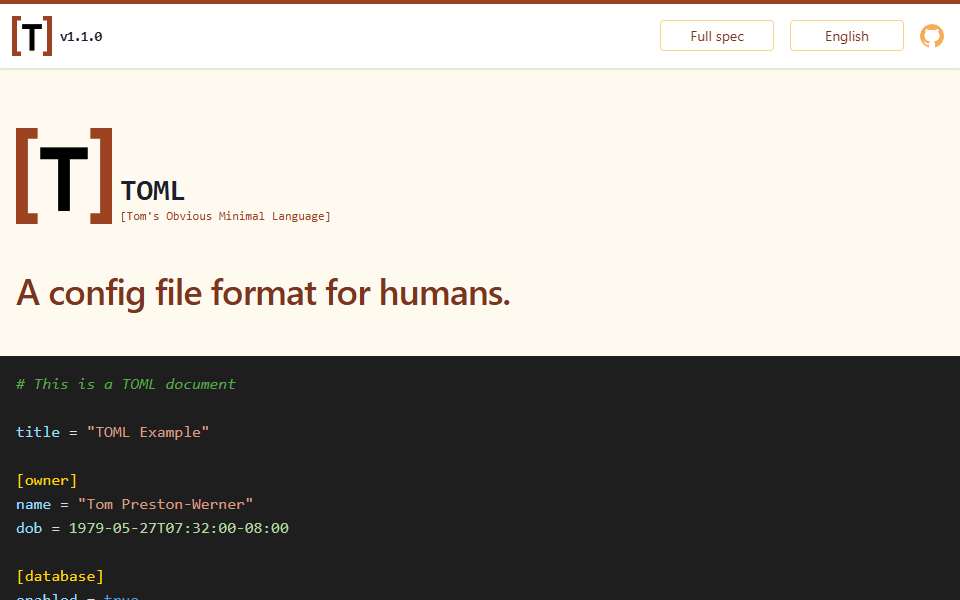 Screenshot of toml.io captured 2026-07-20