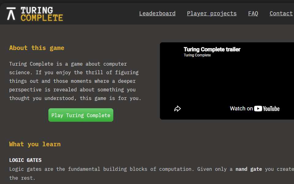 Screenshot of turingcomplete.game captured 2026-07-20