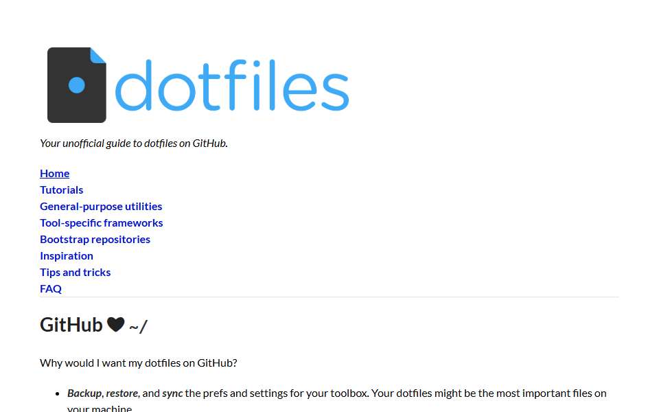 Screenshot of dotfiles.github.io captured 2026-07-20