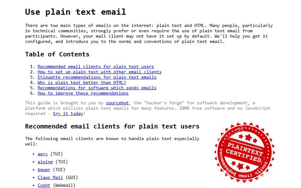 Screenshot of useplaintext.email captured 2026-07-20