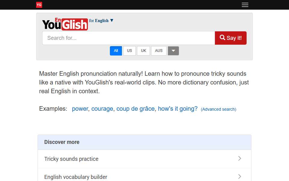 Screenshot of youglish.com captured 2026-07-20