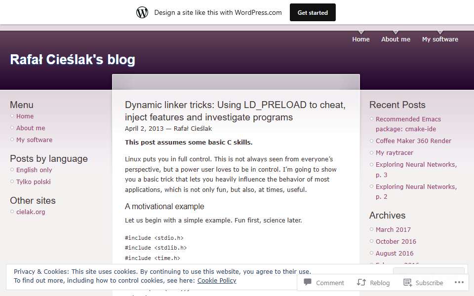 Screenshot of rafalcieslak.wordpress.com captured 2026-07-20