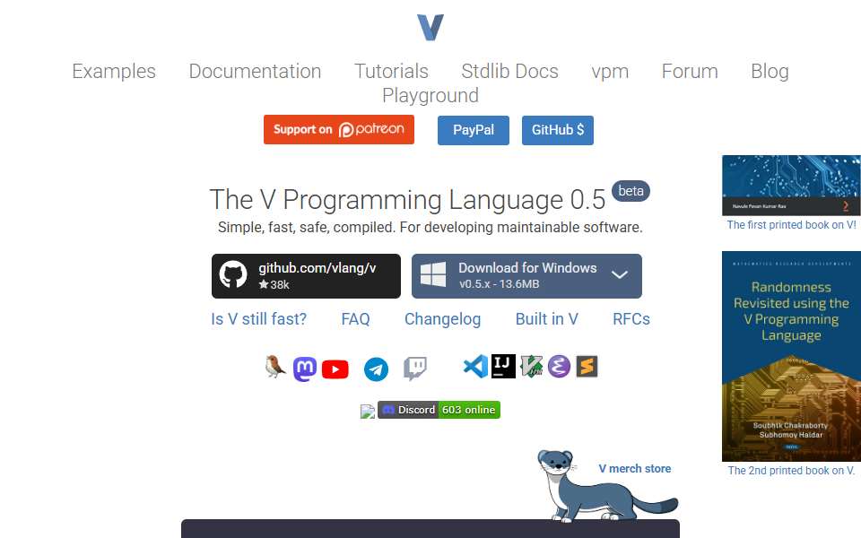 Screenshot of vlang.io captured 2026-07-20