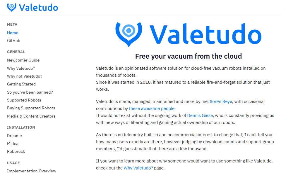 Screenshot of valetudo.cloud captured 2026-07-20