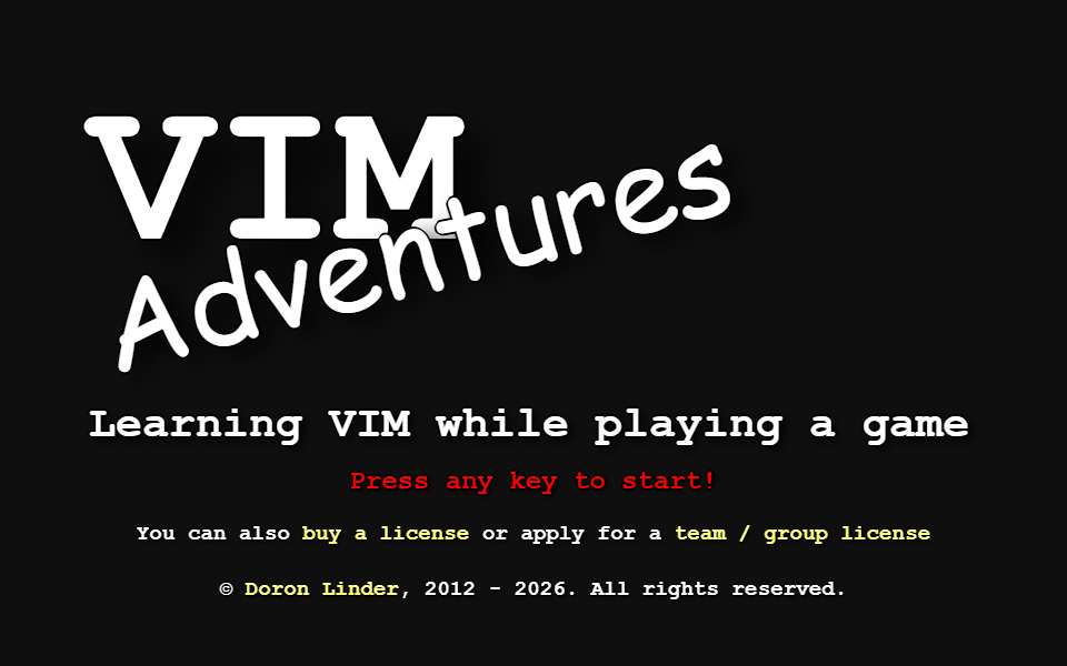 Screenshot of vim-adventures.com captured 2026-07-20