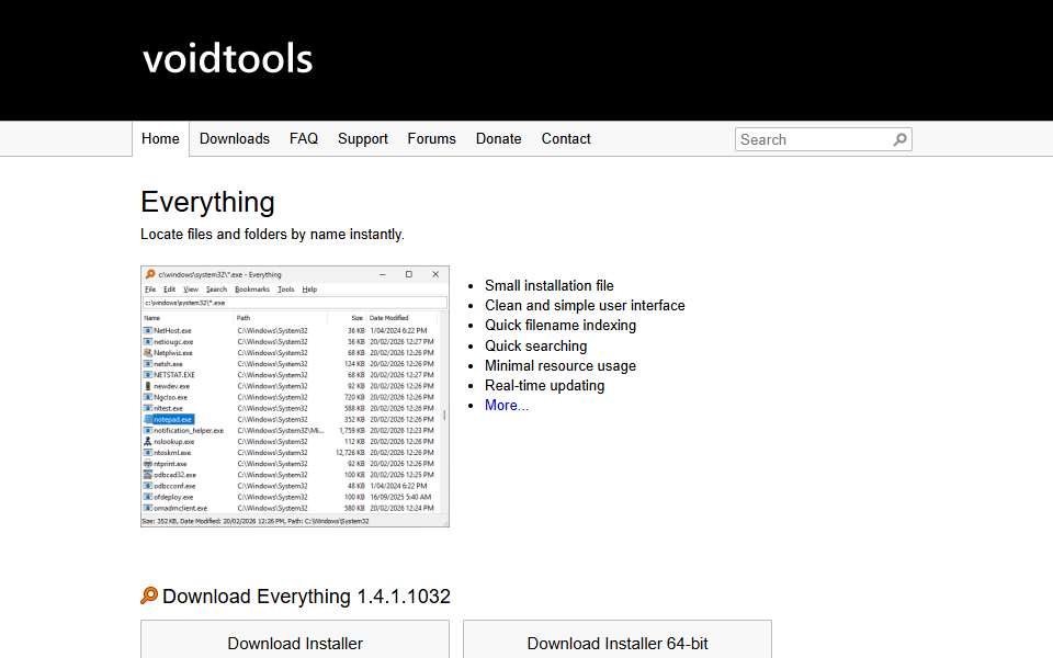 Screenshot of www.voidtools.com captured 2026-07-20