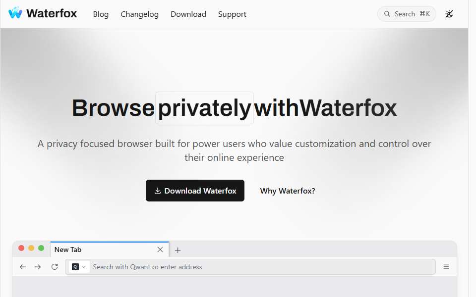 Screenshot of www.waterfoxproject.org captured 2026-07-20