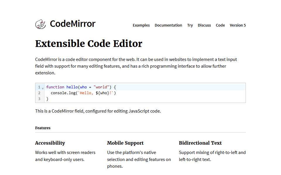 Screenshot of codemirror.net captured 2026-07-20