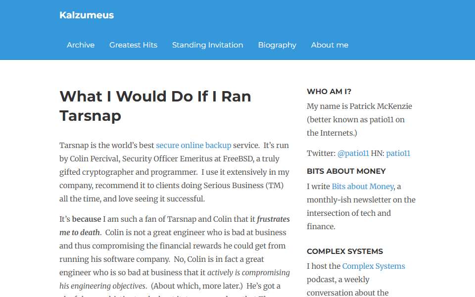 Screenshot of www.kalzumeus.com captured 2026-07-20