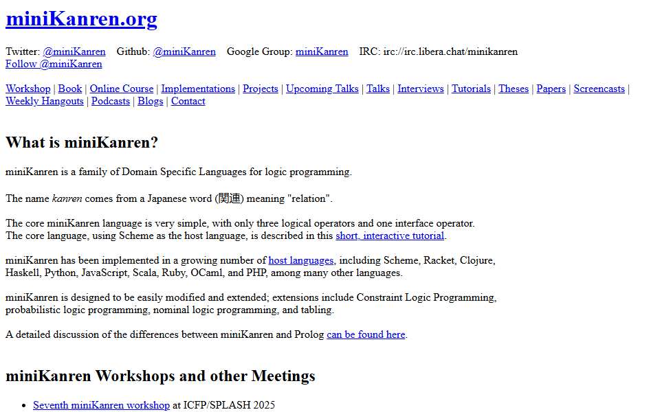 Screenshot of minikanren.org captured 2026-07-20
