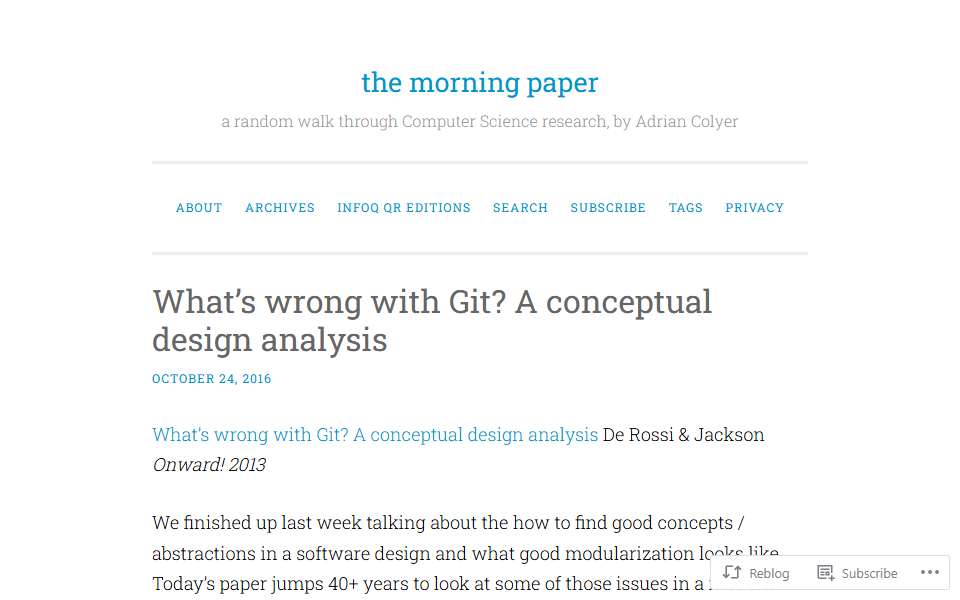 Screenshot of blog.acolyer.org captured 2026-07-20