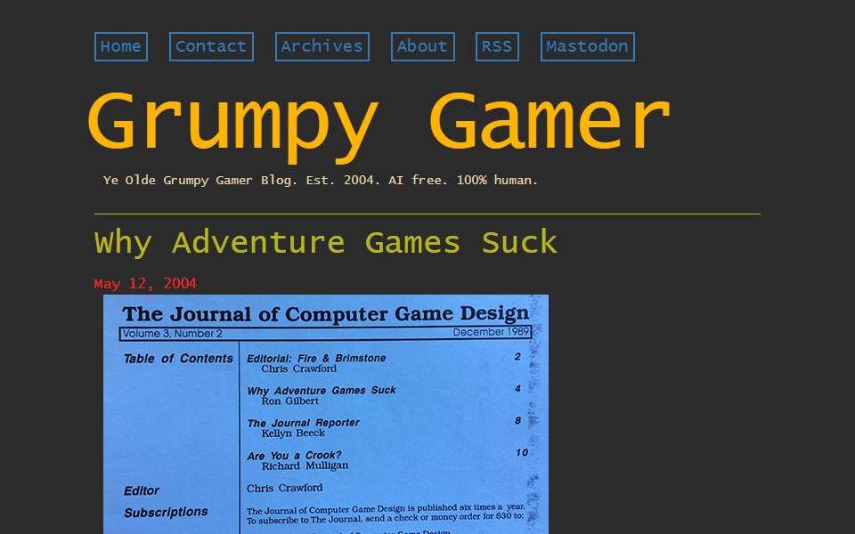 Screenshot of grumpygamer.com captured 2026-07-20
