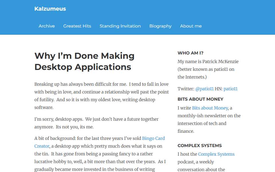 Screenshot of www.kalzumeus.com captured 2026-07-20