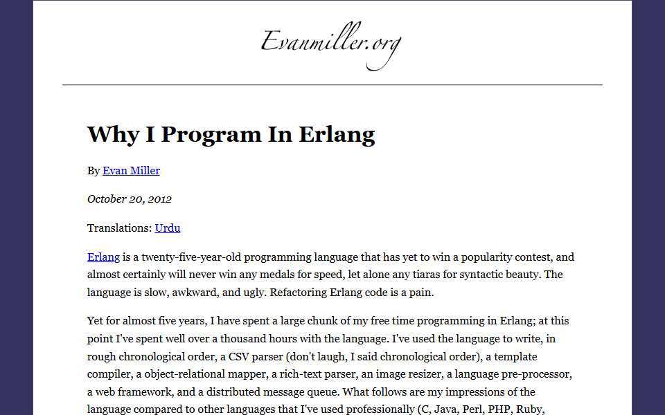 Screenshot of www.evanmiller.org captured 2026-07-20