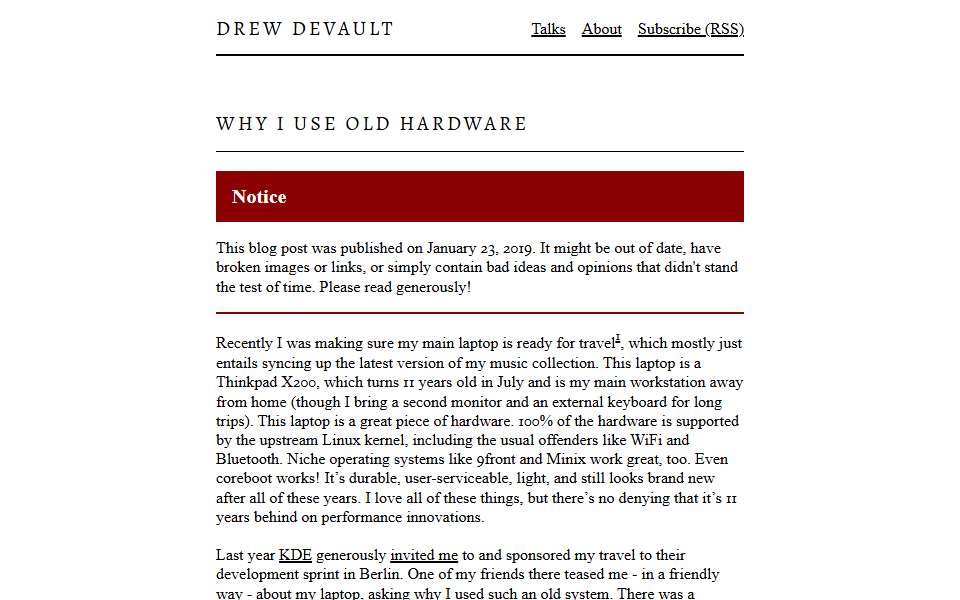 Screenshot of drewdevault.com captured 2026-07-20