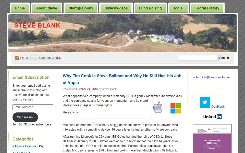 Screenshot of steveblank.com captured 2026-07-20