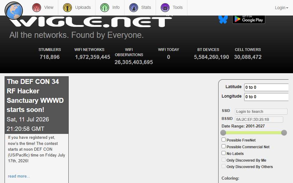 Screenshot of wigle.net captured 2026-07-20