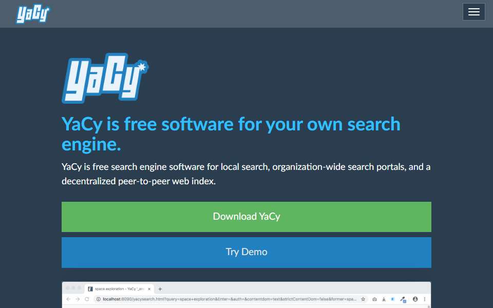 Screenshot of yacy.net captured 2026-07-20